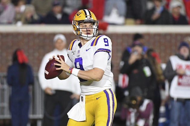 LSU quarterback Joe Burrow (9) looks to pass during the first half of an NCAA college football game against Mississippi in Oxford, Miss., Saturday, Nov. 16, 2019. (AP Photo/Thomas Graning)