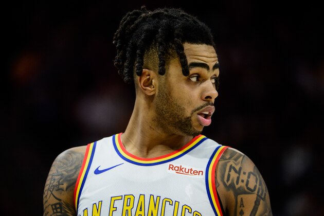 SALT LAKE CITY, UT - DECEMBER 13:  D'Angelo Russell #0 of the Golden State Warriors looks on during a game against the Utah Jazz at Vivint Smart Home Arena on December 13, 2019 in Salt Lake City, Utah. NOTE TO USER: User expressly acknowledges and agrees that, by downloading and/or using this photograph, user is consenting to the terms and conditions of the Getty Images License Agreement.  (Photo by Alex Goodlett/Getty Images)