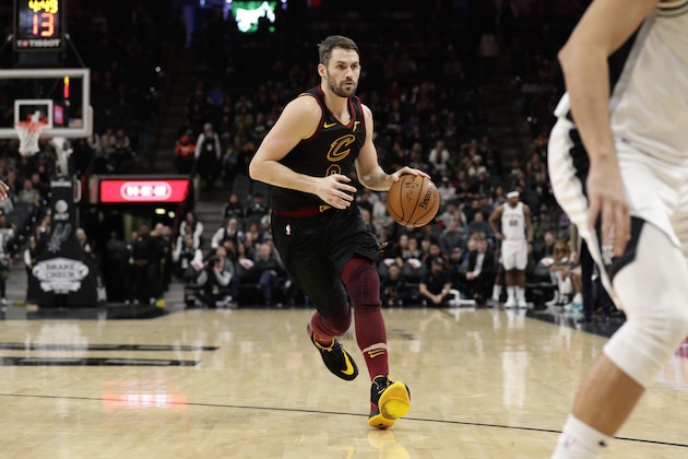 Cleveland Cavaliers forward Kevin Love (0) brings the ball up court against the San Antonio Spurs during the second half of an NBA basketball game, in San Antonio, Thursday, Dec. 12, 2019. Cleveland won 117-109 in overtime. (AP Photo/Eric Gay)