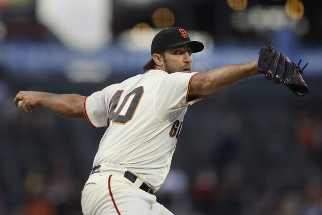 San Francisco Giants pitcher Madison Bumgarner works against the Colorado Rockies during the first inning of a baseball game Tuesday, Sept. 24, 2019, in San Francisco. (AP Photo/Ben Margot)