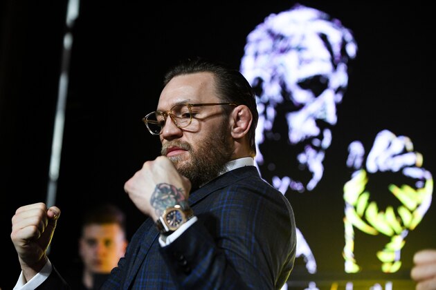Mixed martial arts star Conor McGregor of Ireland attends a media briefing in central Moscow on October 24, 2019 to announce his next MMA combat schedule on January 18, 2020 in Las-Vegas. (Photo by Kirill KUDRYAVTSEV / AFP) (Photo by KIRILL KUDRYAVTSEV/AFP via Getty Images)