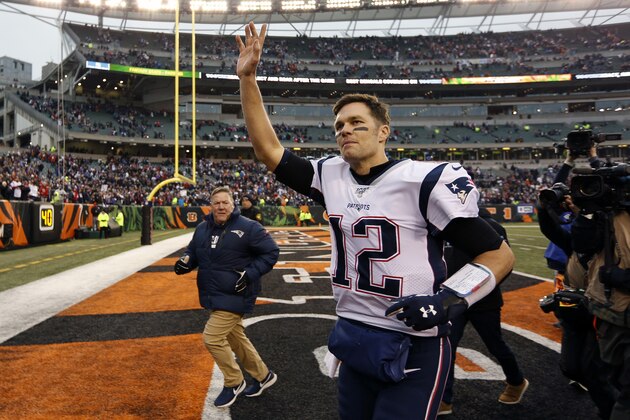 New England Patriots quarterback Tom Brady (12) waves to the crowd after an NFL football game against the Cincinnati Bengals, Sunday, Dec. 15, 2019, in Cincinnati. (AP Photo/Frank Victores)
