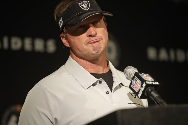 Oakland Raiders head coach Jon Gruden during a news conference at the end of an NFL football game against the Jacksonville Jaguars in Oakland, Calif., Sunday, Dec. 15, 2019. Jacksonville won the game 20-16. (AP Photo/Ben Margot)