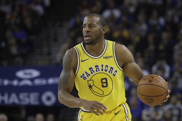 Golden State Warriors guard Andre Iguodala (9) against the Denver Nuggets during an NBA basketball game in Oakland, Calif., Tuesday, April 2, 2019. (AP Photo/Jeff Chiu)