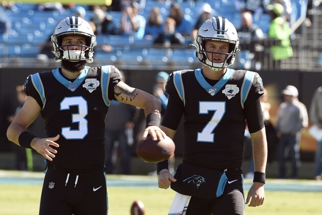 Carolina Panthers quarterback Will Grier (3) and quarterback Kyle Allen (7) are seen prior to an NFL football game against the Tennessee Titans in Charlotte, N.C., Sunday, Nov. 3, 2019. (AP Photo/Mike McCarn)