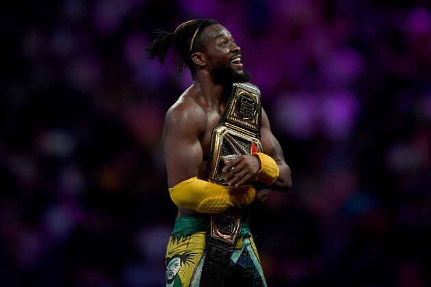 WWE Superstar Kofi Kingston celebrates at the end of the World Wrestling Entertainment (WWE) Super Showdown event in Saudi Arabia's Red Sea port city of Jeddah late on January 7, 2019. (Photo by Amer HILABI / AFP)        (Photo credit should read AMER HILABI/AFP via Getty Images)