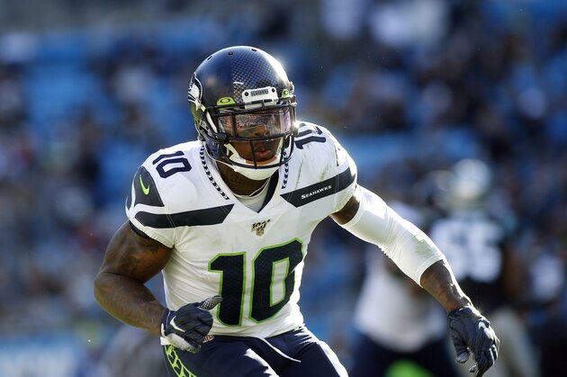 Seattle Seahawks wide receiver Josh Gordon (10) sets up against the Carolina Panthers during the second half of an NFL football game in Charlotte, N.C., Sunday, Dec. 15, 2019. (AP Photo/Brian Blanco)