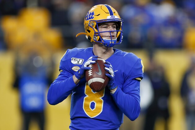 Pittsburgh quarterback Kenny Pickett (8) passes against Boston College during the first half of an NCAA college football game, Saturday, Nov. 30, 2019, in Pittsburgh. (AP Photo/Keith Srakocic)