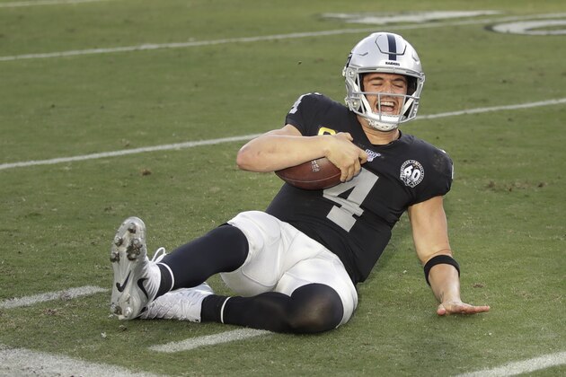Oakland Raiders quarterback Derek Carr during the second half of an NFL football game in Oakland, Calif., Sunday, Dec. 15, 2019. Jacksonville won the game 20-16. (AP Photo/Ben Margot)