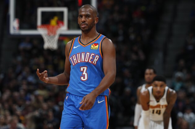 Oklahoma City Thunder guard Chris Paul (3) in the second half of an NBA basketball game Saturday, Dec. 14, 2019, in Denver. The Nuggets won 110-102. (AP Photo/David Zalubowski)