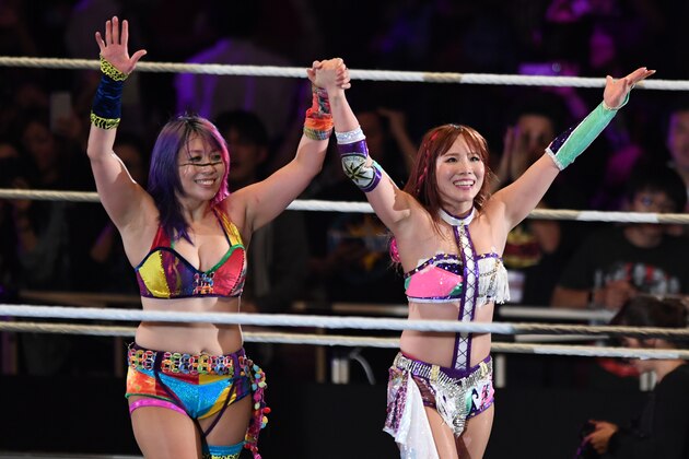TOKYO,JAPAN - JUNE 29: Asuka and Kairi Sane celebrate the victory during the WWE Live Tokyo at Ryogoku Kokugikan on June 29, 2019 in Tokyo, Japan. (Photo by Etsuo Hara/Getty Images)