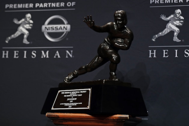 NEW YORK, NY - DECEMBER 14: The trophy presented to Quarterback Joe Burrow of the LSU Tigers winner of the 85th annual Heisman Memorial Trophy is seen on December 14, 2019 at the Marriott Marquis in New York City. (Photo by Adam Hunger/Getty Images)