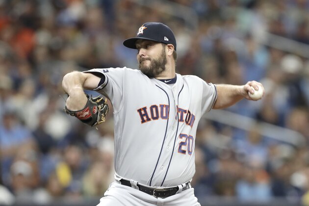 Houston Astros' Wade Miley pitches in the fourth inning against the Tampa Bay Rays during Game 3 of a baseball American League Division Series, Monday, Oct. 7, 2019, in St. Petersburg, Fla. (AP Photo/Chris O'Meara)