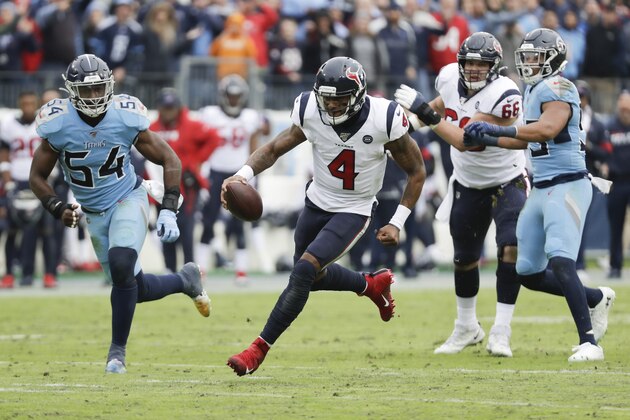 Houston Texans quarterback Deshaun Watson (4) scrambles against the Tennessee Titans in the second half of an NFL football game Sunday, Dec. 15, 2019, in Nashville, Tenn. The Texans won 24-21. (AP Photo/James Kenney) Houston Texans quarterback Deshaun Watson (4) scrambles against the Tennessee Titans in the second half of an NFL football game Sunday, Dec. 15, 2019, in Nashville, Tenn. The Texans won 24-21. (AP Photo/James Kenney)