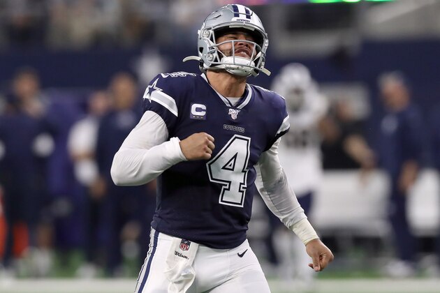 ARLINGTON, TEXAS - DECEMBER 15: Dak Prescott #4 of the Dallas Cowboys celebrates after the Dallas Cowboys score a touchdown against the Los Angeles Rams in the second quarter at AT&T Stadium on December 15, 2019 in Arlington, Texas. (Photo by Tom Pennington/Getty Images) ARLINGTON, TEXAS - DECEMBER 15: Dak Prescott #4 of the Dallas Cowboys celebrates after the Dallas Cowboys score a touchdown against the Los Angeles Rams in the second quarter at AT&T Stadium on December 15, 2019 in Arlington, Texas. (Photo by Tom Pennington/Getty Images)