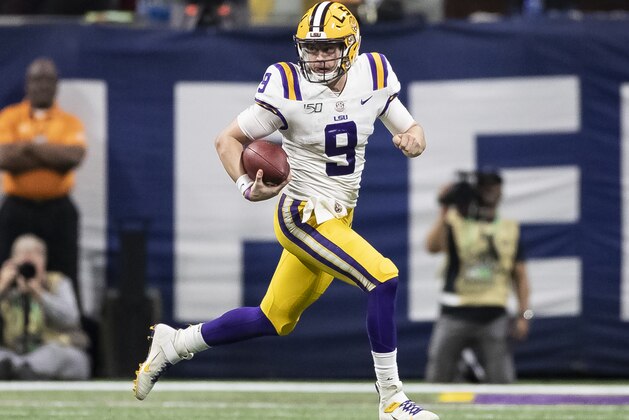 ATLANTA, GA - DECEMBER 07: Joe Burrow #9 of the LSU Tigers gets outside of the pocket for a run during a game between Georgia Bulldogs and LSU Tigers at Mercedes Benz Stadium on December 7, 2019 in Atlanta, Georgia. (Photo by Steve Limentani/ISI Photos/Getty Images)