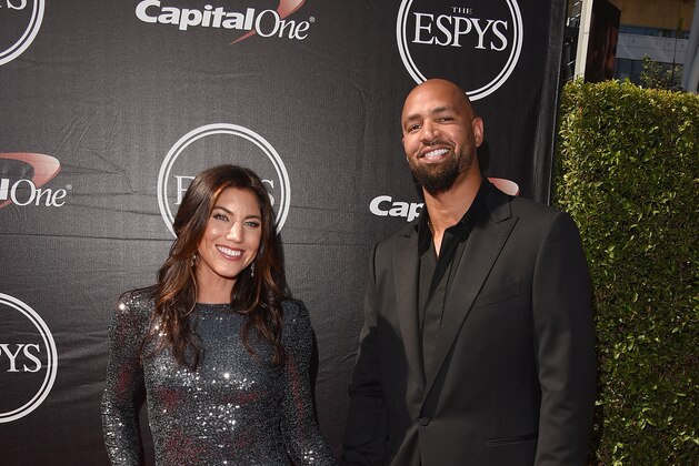 LOS ANGELES, CA - JULY 15:  U.S. Women's Soccer player Hope Solo (L) and NFL player Jerramy Stevens attend The 2015 ESPYS at Microsoft Theater on July 15, 2015 in Los Angeles, California.  (Photo by Jason Merritt/Getty Images)