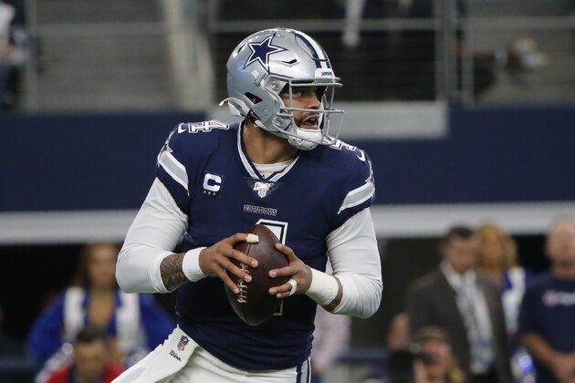 Dallas Cowboys quarterback Dak Prescott (4) during an NFL football game against the Los Angeles Rams in Arlington, Texas, Sunday, Dec. 15, 2019. (AP Photo/Michael Ainsworth)