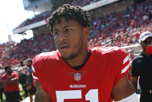SANTA CLARA, CA - OCTOBER 7: Malcolm Smith #51 of the San Francisco 49ers stands on the sideline prior to the game against the Arizona Cardinals at Levi Stadium on October 7, 2018 in Santa Clara, California. The Cardinals defeated the 49ers 28-18. (Photo by Michael Zagaris/San Francisco 49ers/Getty Images)