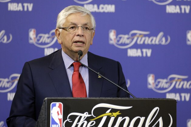 NBA Commissioner David Stern speaks at a news conference before the start of Game 2 of the NBA Finals basketball game between the San Antonio Spurs at Miami Heat, Sunday, June 9, 2013 in Miami.  (AP Photo/Wilfredo Lee)