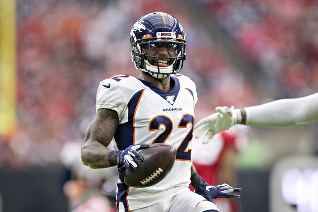 HOUSTON, TX - DECEMBER 8:  Kareem Jackson #22 of the Denver Broncos celebrates after intercepting a pass during the second half of a game against the Houston Texans at NRG Stadium on December 8, 2019 in Houston, Texas.  The Broncos defeated the Texans 38-24.  (Photo by Wesley Hitt/Getty Images)