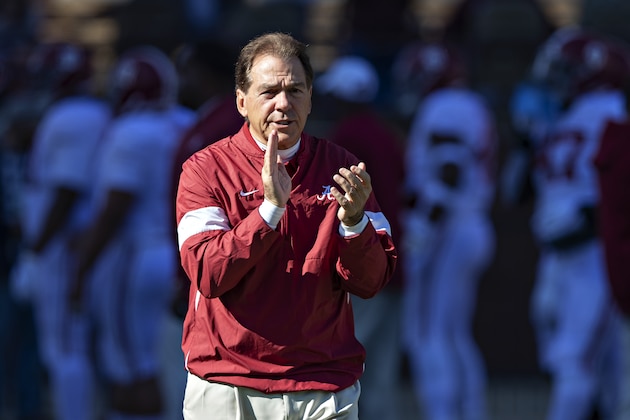 FAYETTEVILLE, AR - NOVEMBER 9:   Head Coach Nick Saban of the Alabama Crimson Tide on the field watching his team warm up before a game against the Mississippi State Bulldogs at Davis Wade Stadium on November 16, 2019 in Starkville, Mississippi.  The Crimson Tide defeated the Bulldogs 38-7.  (Photo by Wesley Hitt/Getty Images)