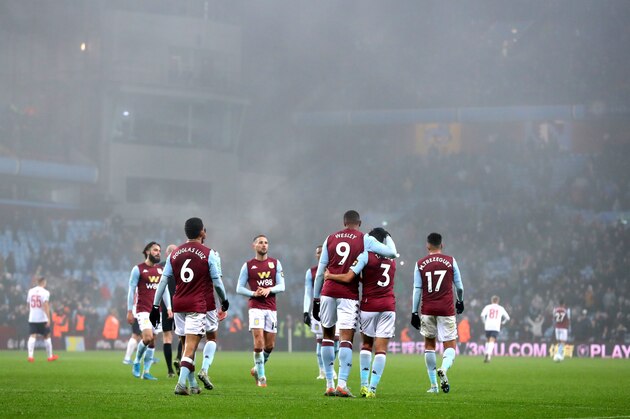 BIRMINGHAM, ENGLAND - DECEMBER 17: Wesley Moraes of Aston Villa cscores his teams fifth goal  during the Carabao Cup Quarter Final match between Aston Villa and Liverpool FC at Villa Park on December 17, 2019 in Birmingham, England. (Photo by Chloe Knott - Danehouse/Getty Images)