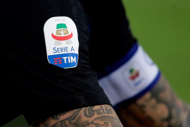 MILAN, ITALY - AUGUST 26: Serie A Tim logo on the shirt of Mauro Icardi of Internazionale  during the Italian Serie A   match between Internazionale v Torino at the San Siro on August 26, 2018 in Milan Italy (Photo by Laurens Lindhout/Soccrates/Getty Images)