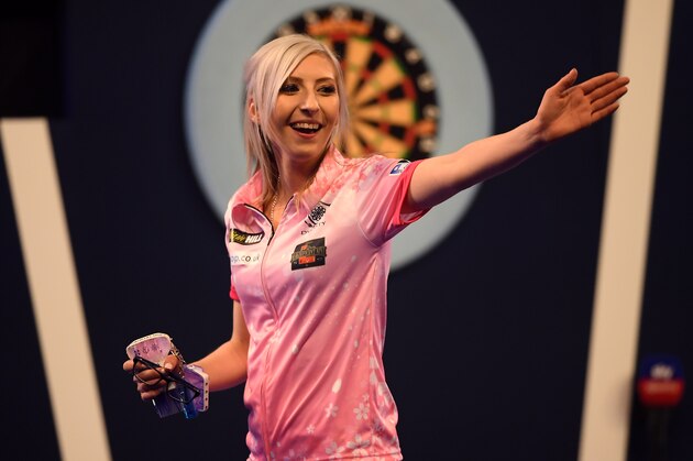 LONDON, ENGLAND - DECEMBER 17:  Fallon Sherrock reacts after winning her 1st round game against Ted Evetts to become the first female to win a game in the PDC World Championships during Day 5 of the 2020 William Hill Darts Championship  at Alexandra Palace on December 17, 2019 in London, England. (Photo by Alex Davidson/Getty Images)