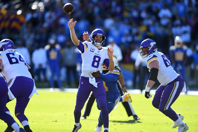 CARSON, CA - DECEMBER 15: Quarterback Kirk Cousins #8 of the Minnesota Vikings throws a pass in the game against the Los Angeles Chargers at Dignity Health Sports Park on December 15, 2019 in Carson, California. (Photo by Jayne Kamin-Oncea/Getty Images)