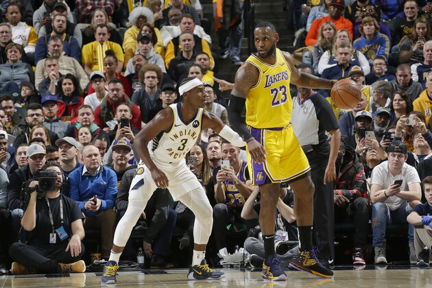 INDIANAPOLIS, IN - DECEMBER 17: LeBron James #23 of the Los Angeles Lakers handles the ball against the Indiana Pacers on December 17, 2019 at Bankers Life Fieldhouse in Indianapolis, Indiana. NOTE TO USER: User expressly acknowledges and agrees that, by downloading and or using this Photograph, user is consenting to the terms and conditions of the Getty Images License Agreement. Mandatory Copyright Notice: Copyright 2019 NBAE (Photo by Ron Hoskins/NBAE via Getty Images)