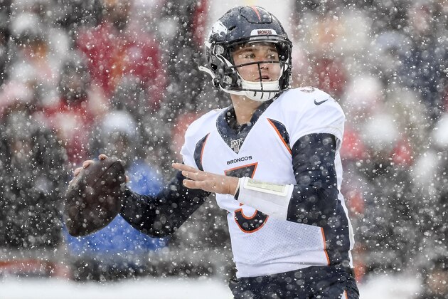 Denver Broncos quarterback Drew Lock (3) throws against the Kansas City Chiefs during the first half of an NFL football game in Kansas City, Mo., Sunday, Dec. 15, 2019. (AP Photo/Reed Hoffmann)