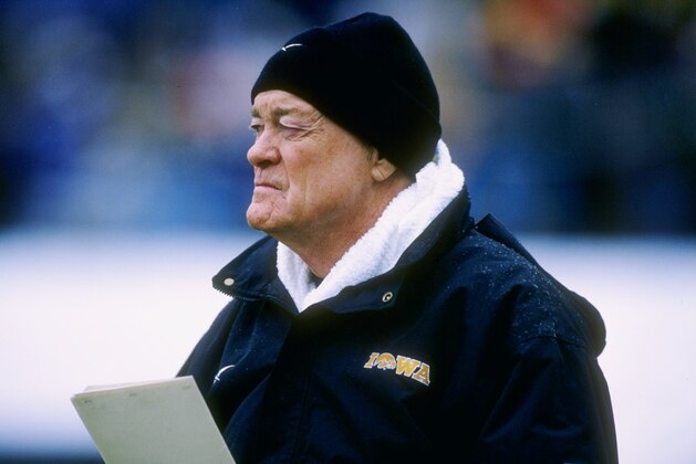 15 Nov 1997: Head coach Hayden Fry of the University of Iowa during the Hawkeyes 15-14 loss to Northwestern at Ryan Field in Evanston, Illinois.