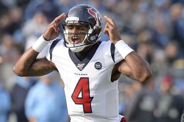 Houston Texans quarterback Deshaun Watson calls a play against the Tennessee Titans in the first half of an NFL football game Sunday, Dec. 15, 2019, in Nashville, Tenn. (AP Photo/Mark Zaleski)
