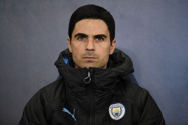 Manchester City's Spanish assistant manager Mikel Arteta takes his seat for the UEFA Champions League football Group C match between Manchester City and Shakhtar Donetsk at the Etihad Stadium in Manchester, north west England on November 26, 2019. (Photo by Oli SCARFF / AFP) (Photo by OLI SCARFF/AFP via Getty Images)