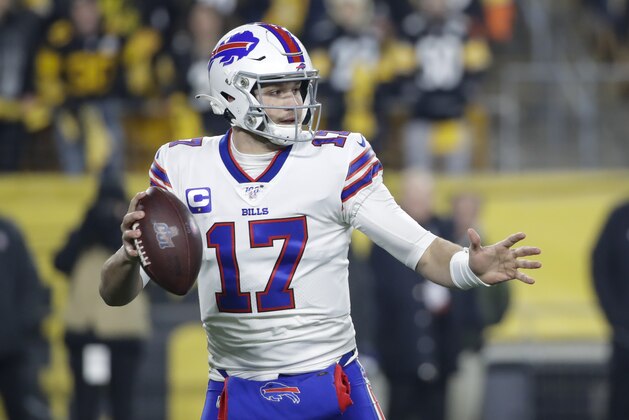 Buffalo Bills quarterback Josh Allen (17) plays during the first half of an NFL football game against the Pittsburgh Steelers in Pittsburgh, Sunday, Dec. 15, 2019. (AP Photo/Don Wright)