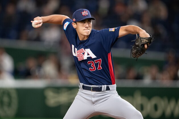 TOKYO, JAPAN - NOVEMBER 17: Pitcher Noah Song #37 of team USA throws a pitch during the WBSC Premier 12 Bronze Medal final game between Mexico and USA at the Tokyo Dome on November 17, 2019 in Tokyo, Japan. (Photo by Gene Wang/Getty Images)