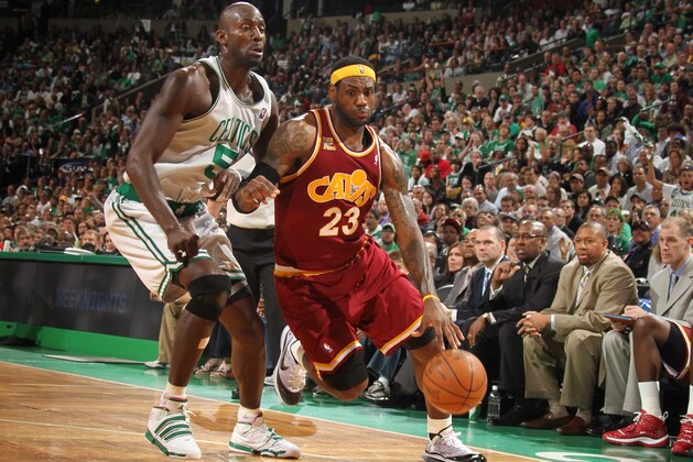 BOSTON, MA - MAY 9: LeBron James #23 of the Cleveland Cavaliers drives against Kevin Garnett #5 of the Boston Celtics in Game Four of the Eastern Conference Semifinals during the 2010 NBA Playoffs on May 9, 2010 at the TD Garden in Boston, Massachusetts. NOTE TO USER: User expressly acknowledges and agrees that, by downloading and or using this photograph, User is consenting to the terms and conditions of the Getty Images License Agreement. Mandatory Copyright Notice: Copyright 2010 NBAE (Photo by Nathaniel S. Butler/NBAE via Getty Images)