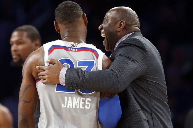 Former NBA player Magic Johnson reacts as he talks with Eastern Conference LeBron James of the Cleveland Cavaliers (23) during the first half of the NBA All-Star basketball game in New Orleans, Sunday, Feb. 19, 2017. (AP Photo/Gerald Herbert)