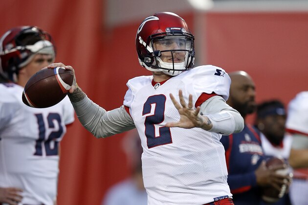 MEMPHIS, TENNESSEE - MARCH 24: Johnny Manziel #2 of the Memphis Express warms up before taking on the the Birmingham Iron during their Alliance of American Football game at Liberty Bowl Memorial Stadium on March 24, 2019 in Memphis, Tennessee. (Photo by Joe Robbins/AAF/Getty Images)