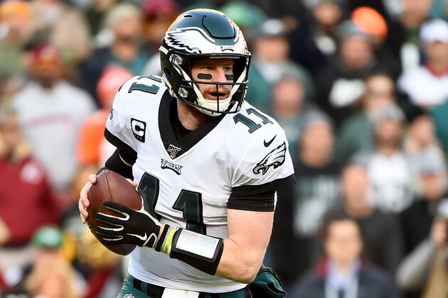 LANDOVER, MD - DECEMBER 15: Carson Wentz #11 of the Philadelphia Eagles looks to pass against the Washington Redskins during the second half at FedExField on December 15, 2019 in Landover, Maryland. (Photo by Will Newton/Getty Images)