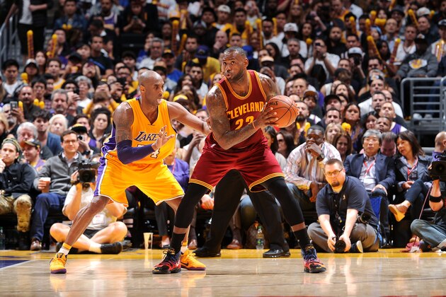 LOS ANGELES, CA - MARCH 10: LeBron James #23 of the Cleveland Cavaliers handles the ball during the game against Kobe Bryant #24 of the Los Angeles Lakers on March 10, 2016 at STAPLES Center in Los Angeles, California. NOTE TO USER: User expressly acknowledges and agrees that, by downloading and/or using this Photograph, user is consenting to the terms and conditions of the Getty Images License Agreement. Mandatory Copyright Notice: Copyright 2016 NBAE (Photo by Noah Graham/NBAE via Getty Images)