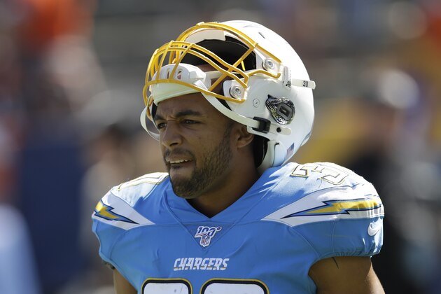 Los Angeles Chargers running back Austin Ekeler warms before an NFL football game against the Denver Broncos Sunday, Oct. 6, 2019, in Carson, Calif. (AP Photo/Marcio Jose Sanchez)