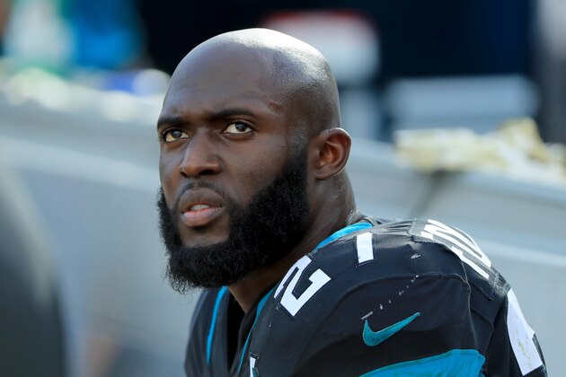 JACKSONVILLE, FLORIDA - DECEMBER 01: Leonard Fournette #27 of the Jacksonville Jaguars waits on the bench during the game against the Tampa Bay Buccaneers at TIAA Bank Field on December 01, 2019 in Jacksonville, Florida. (Photo by Sam Greenwood/Getty Images)