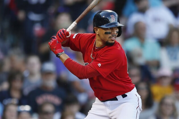 Boston Red Sox's Mookie Betts plays against the Baltimore Orioles during the fifth inning of a baseball game in Boston, Sunday, Sept. 29, 2019. (AP Photo/Michael Dwyer)