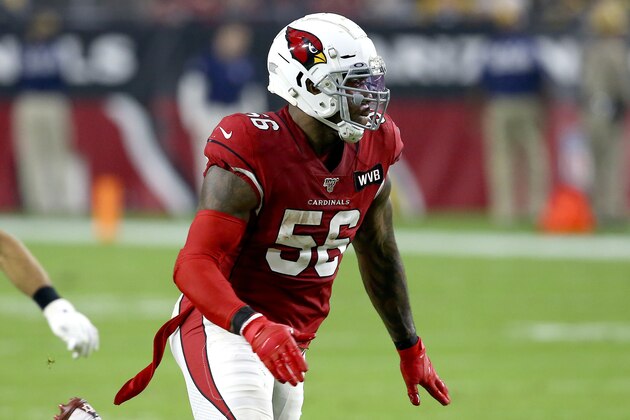Arizona Cardinals outside linebacker Terrell Suggs (56) runs a play against the Pittsburgh Steelers during the first half of an NFL football game, Sunday, Dec. 8, 2019, in Glendale, Ariz. (AP Photo/Ross D. Franklin)