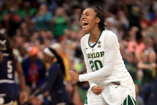 TAMPA, FLORIDA - APRIL 07:  Juicy Landrum #20 of the Baylor Lady Bears celebrates the play against the Notre Dame Fighting Irish during the first quarter in the championship game of the 2019 NCAA Women's Final Four at Amalie Arena on April 07, 2019 in Tampa, Florida. (Photo by Mike Ehrmann/Getty Images)