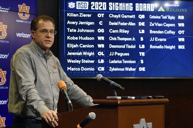Auburn football coach Gus Malzahn talks at a press conference during the first day of NCAA college football signing day on Wednesday, Dec. 18, 2019 in Auburn, Ala. (AP Photo/Todd Van Emst)