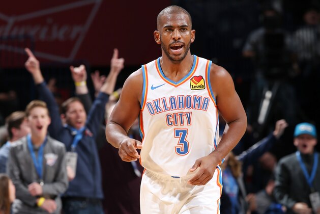 OKLAHOMA CITY, OK- DECEMBER 16: Chris Paul #3 of the Oklahoma City Thunder after making a clutch 4th quarter three point basket during a game against the Chicago Bulls on December 16, 2019 at Chesapeake Energy Arena in Oklahoma City, Oklahoma. NOTE TO USER: User expressly acknowledges and agrees that, by downloading and or using this photograph, User is consenting to the terms and conditions of the Getty Images License Agreement. Mandatory Copyright Notice: Copyright 2019 NBAE (Photo by Zach Beeker/NBAE via Getty Images)