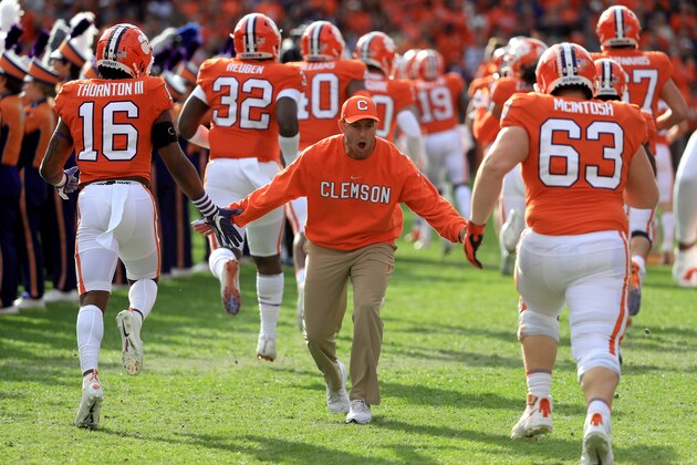CLEMSON, SOUTH CAROLINA - NOVEMBER 16: Head coach Dabo Swinney of the Clemson Tigers reacts with players before their game against the Wake Forest Demon Deacons at Memorial Stadium on November 16, 2019 in Clemson, South Carolina. (Photo by Streeter Lecka/Getty Images) CLEMSON, SOUTH CAROLINA - NOVEMBER 16: Head coach Dabo Swinney of the Clemson Tigers reacts with players before their game against the Wake Forest Demon Deacons at Memorial Stadium on November 16, 2019 in Clemson, South Carolina. (Photo by Streeter Lecka/Getty Images)